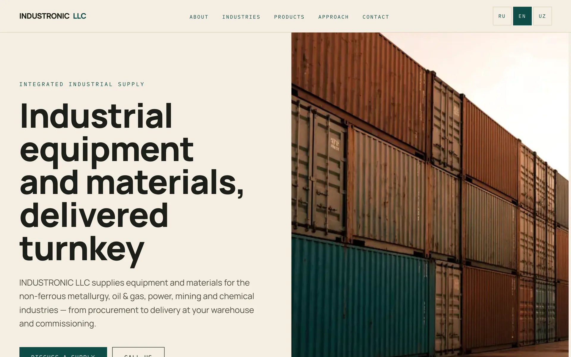 The home page of industr-onic.uz: “Industrial equipment and materials, delivered turnkey” beside stacked shipping containers