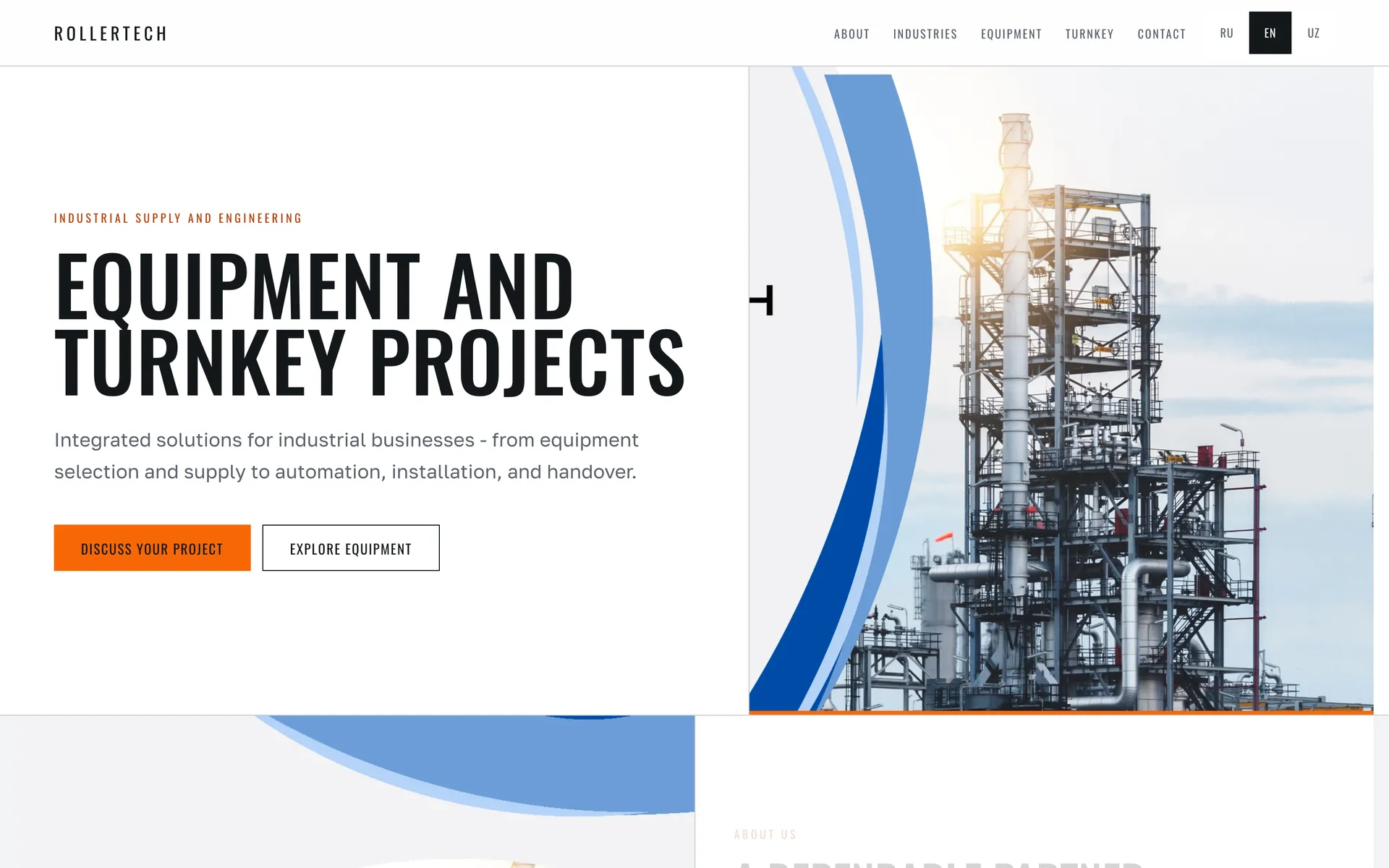 The home page of roller-tech.uz: “Equipment and turnkey projects” beside a process plant